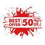 best offer 50 percent off in text banner, red label, business commerce shopping concept