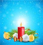 Christmas greeting card with red candle, green fir branch and white decorations on a blue background.