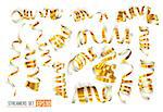 Set of gold streamers on white. Golden Curly ribbons, Celebration decoration, Serpentine party elements for your holiday design birthday, festive carnival or party greeting. Vector illustration EPS10.