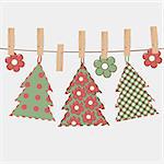 Christmas greeting card with Christmas tree hanging on a rope