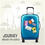 Modern blue plastic wheeled suitcase and european landmarks - tourism poster