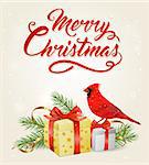 Vector Christmas banner with red cardinal bird, gifts and greeting inscription. Merry Christmas lettering