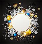 Abstract vector Christmas round banner. White snowflakes and golden decorations on a black background.
