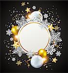 Abstract vector Christmas round banner with snowflakes. White and golden decorations on a black background.
