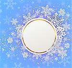Christmas greeting card. White snowflakes and golden stars on a blue background.