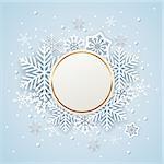 Golden holiday background with white paper snowflakes. Abstract round Christmas banner.