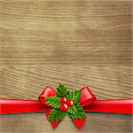 Wooden Background With Red Ribbon And Holly Berry With Gradient Mesh, Vector Illustration