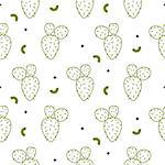 Cactus simple green line style vector seamless pattern on white.