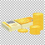 Crypto currency bitcoin concept. Paper money, banknotes and coins for trading, buying, selling, mining and transfer bitcoins on transparent background. Isolated vector illustration