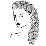 Young woman with long fluffy braided plait, hand drown detailed vector illustration isolated on the white background