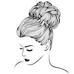 Attractive dreamy women with high gorgeous hairdo, hand drown detailed vector illustration isolated on the white background