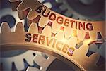 Budgeting Services - Technical Design. Budgeting Services on the Mechanism of Golden Metallic Gears. 3D Rendering.