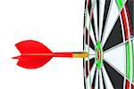 Close up red dart arrow on center of dartboard. 3d illustration