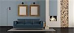 Modern living room with fireplace with blue leather sofa - 3d rendering