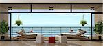 Holiday villa with two chais lounges on wooden veranda - 3d rendering