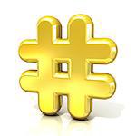 Hashtag, number mark 3D golden sign isolated on white background. Side view