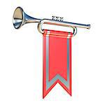 Fanfare silver trumpet and red flag 3D render illustration isolated on white background