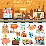 Online internet shopping banner and infographics. Flat Style Icons shop, delivery, sale, storage and house. isolated vector illustration