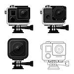 Set of action camera icons in waterproof case - sport cam icon