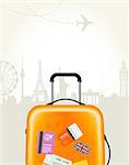 Travel agency poster with plastic suitcase and european landmarks - tourism poster