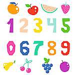 Kid math numerals and fruits bright signs vector isolated. Fun colorful cutout numbers.