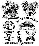 set of vector monochrome illustrations with inscriptions on the theme of surfing.