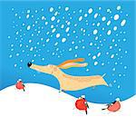 New Years greeting card with funny dog on a blue background with snowflakes