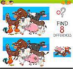 Cartoon Illustration of Finding Eight Differences Between Pictures Educational Activity Game for Kids with Farm Animal Characters Group