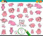 Cartoon Illustration of Find One of a Kind Picture Educational Activity Game for Children with Pig and Piglet Characters