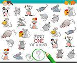 Cartoon Illustration of Find One of a Kind Picture Educational Activity Game for Children with Mouse Characters