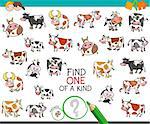 Cartoon Illustration of Find One of a Kind Picture Educational Activity Game for Children with Cow Characters