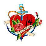 Vector Valentines Day greeting card with anchor amd heart, made in classic old school tattoo style. Colorful retro design, isolated on white background
