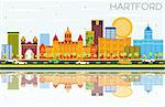 Hartford Skyline with Color Buildings, Blue Sky and Reflections. Vector Illustration. Business Travel and Tourism Concept with Historic Architecture.