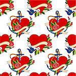 Seamless pattern with hearts in old school tattoo style. Valentines Day Romantic image on white background