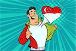 Singapore patriot male sports fan flag heart. Comic book cartoon pop art retro illustration