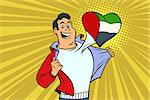 UAE patriot male sports fan flag heart. Comic book cartoon pop art retro illustration