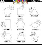 Black and White Cartoon Illustration of Basic Shapes Educational Workbook Set for Children with Animal Characters