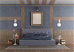 Purple master bedroom with double bed and decorative wooden panel - 3d rendering