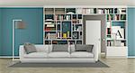 Modern living room with bookcase and white sofa - 3d rendering