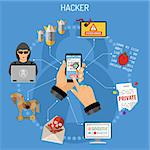 Cyber Crime Concept. Hacker holding smart phone in hand and hacks password. Flat style icons Hacker, Virus, Bug, Spam and Social Engineering. vector illustration