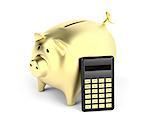 Gold piggy bank and calculator on white background