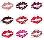 vector illustration of a set of different color lipstick kisses.