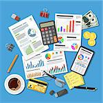 Auditing, Tax process calculation, accounting Concept. Checks financial report. Charts on Documents and Smartphone screens. Flat style icons. Isolated vector illustration