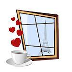 Window with view on Eiffel tower outside isolated on white background. Vector illustration