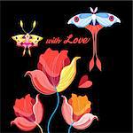 Beautiful flowers and butterflies to the day of all lovers on a dark background