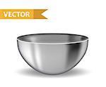 Realistic 3D steel bowl. Iron deep plate. Utensils for commercial and home kitchens. Isolated on white background. Vector illustration