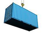 Service delivery - blue cargo container hoisted by hook. 3D rendering