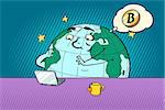 planet character reads the news on bitcoin. Comic book cartoon pop art retro drawing illustration