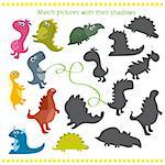 Vector illustration of shadow matching game with cartoon dinosaur for children