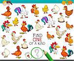 Cartoon Illustration of Find One of a Kind Picture Educational Activity Game for Children with Chicken Farm Animal Characters